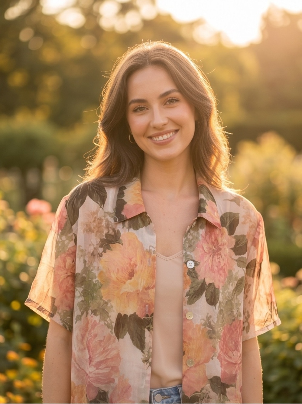 J.B.S. Sheer Floral Button-Down Shirt in Peach, Pink and Green